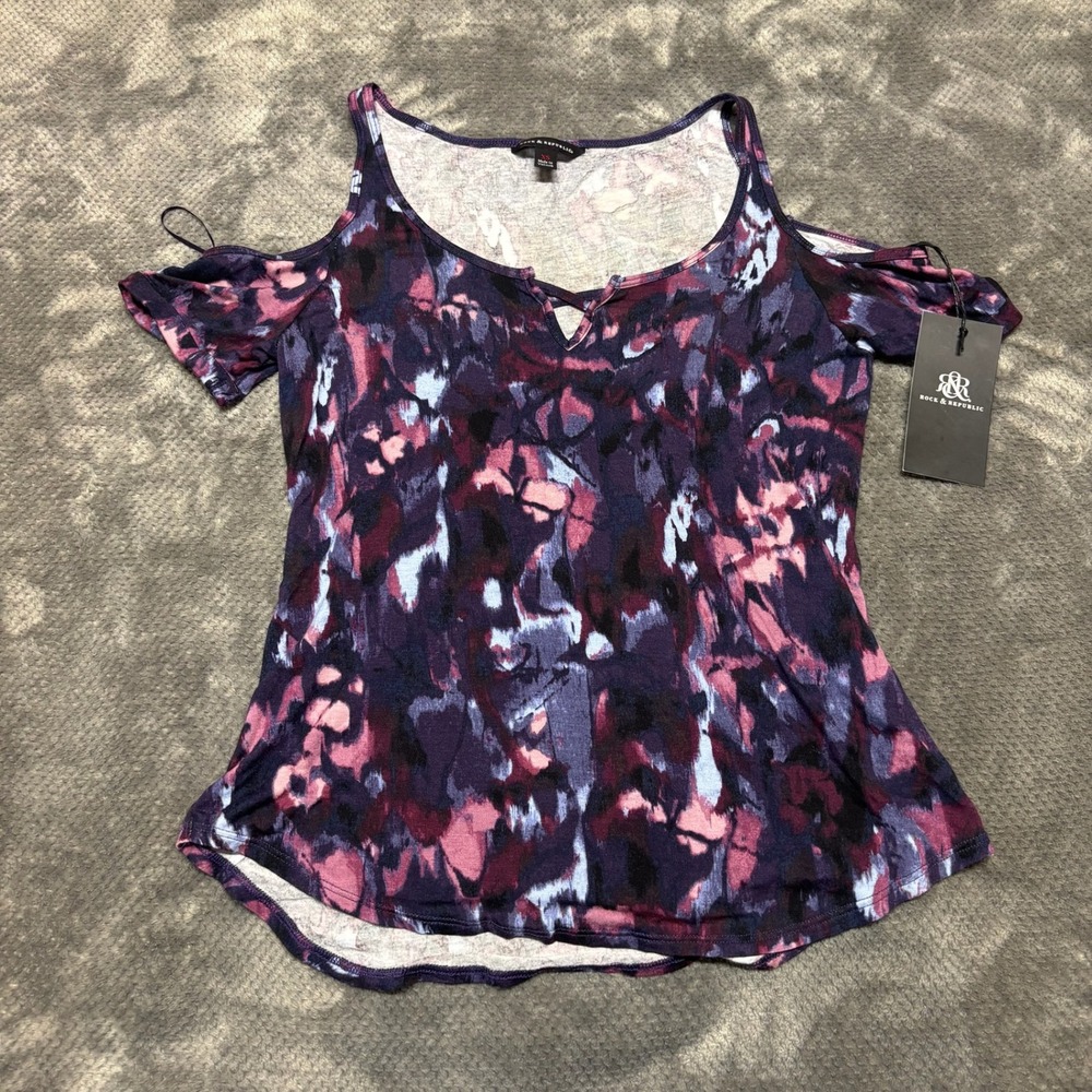 Rock & Republic Womens Purple Abstract Cold Shoulder Floral Top XS